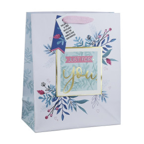 Eurowrap ajándéktasak, Just for you, fehér, zöld leveles (26,5x33x14 cm)