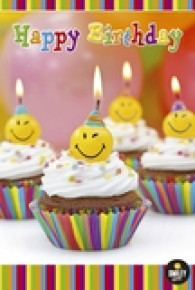 BSB képeslap, muffinok, smile gyertyával, Happy Birthday (állvány)