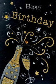 BSB képeslap, fekete, pezsgős, Happy Birthday (állvány)