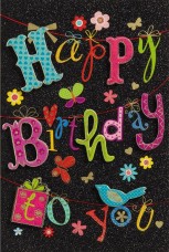 BSB képeslap, fekete, színes Happy Birthday feliratos (állvány)