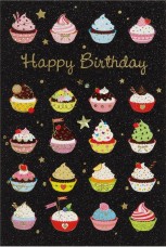 BSB képeslap, fekete, muffinok, Happy Birthday (állvány)