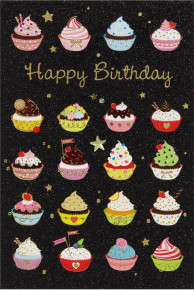 BSB képeslap, fekete, muffinok, Happy Birthday (állvány)