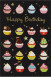 BSB képeslap, fekete, muffinok, Happy Birthday (állvány)