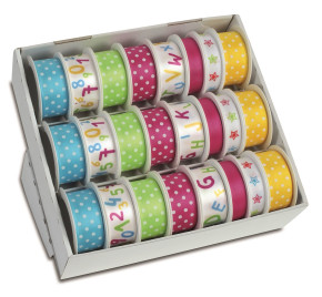 Prasent selyemszalag, SCHULANFANG MINI, pöttyös, betűs, számos, 24db/dp